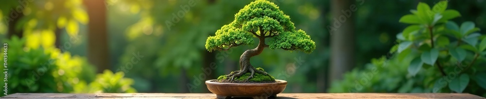 Bonsai tree on a wooden pedestal in the garden, pedestal, tree