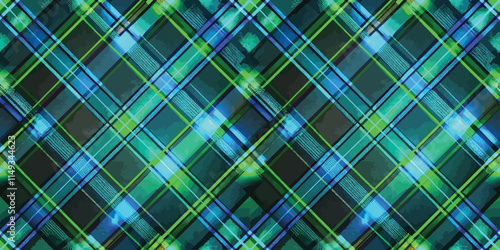 A vibrant geometric pattern featuring overlapping blue and green plaid designs.