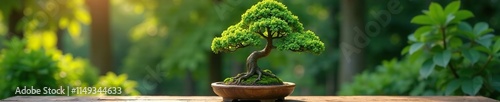 Obraz na płótnie Bonsai tree on a wooden pedestal in the garden, pedestal, tree w salonie