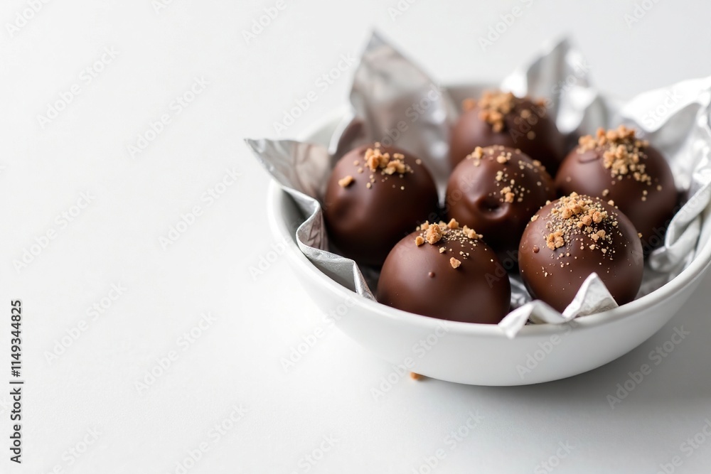 Chocolate truffles wrapped in silver foil on a white background, gift wrapping, indulgence Chocolate truffles wrapped in silver foil on a white background, gift wrapping, indulgence