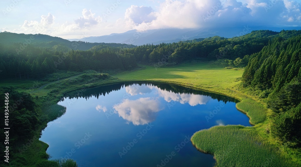 Serene lake reflecting clouds and forest in a tranquil valley. Serene lake reflecting clouds and forest in a tranquil valley.