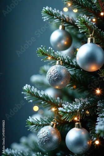 Christmas tree with silver balls and snowflakes, branches, Christmas