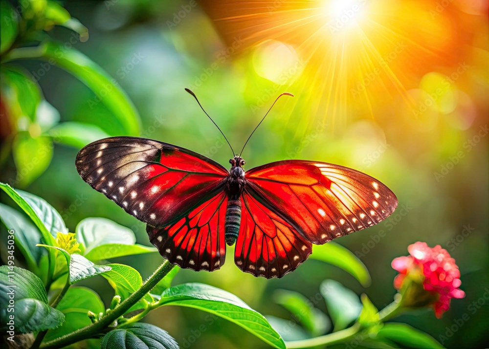 Fototapeta premium Red Butterfly on Green Leaf, Pink Bud, Sunlight - Product Photography Stock Image