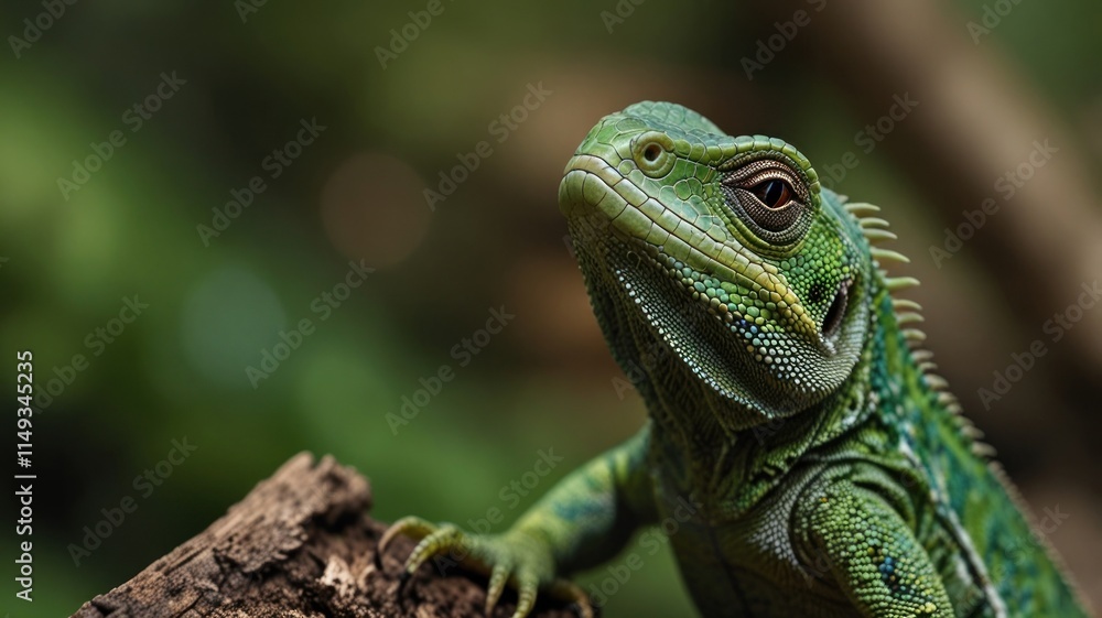 Obraz premium Close-up of a vibrant green lizard perched on wood.