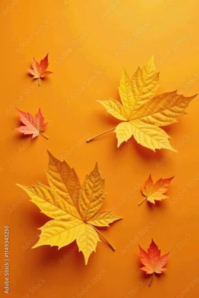delicate golden leaves floating on an orange surface with empty spaces around, autumn leaves, autumn colors delicate golden leaves floating on an orange surface with empty spaces around, autumn leaves, autumn colors