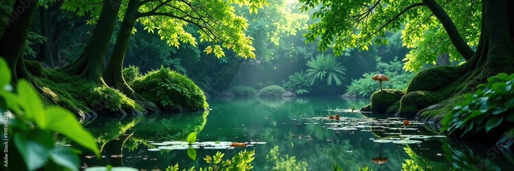Dense foliage surrounds a serene pond, with glowing green leaves reflected in its calm waters, foliage, reflection Dense foliage surrounds a serene pond, with glowing green leaves reflected in its calm waters, foliage, reflection
