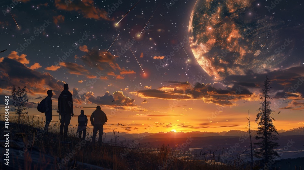 Fototapeta premium Spectators Enjoying a Stunning Cosmic Sunset View