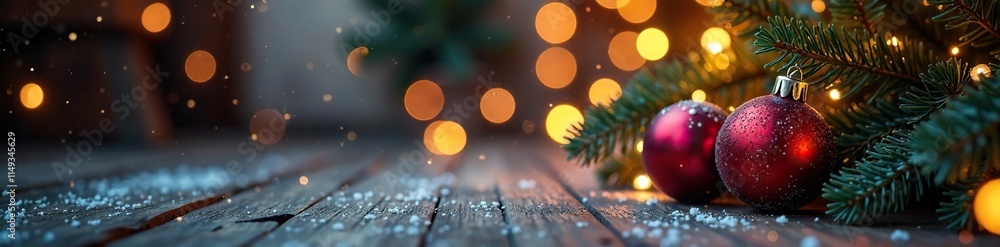 Obraz premium Festive holiday background with glittering lights and decorations, baubles, cozy ambiance, winter wonderland