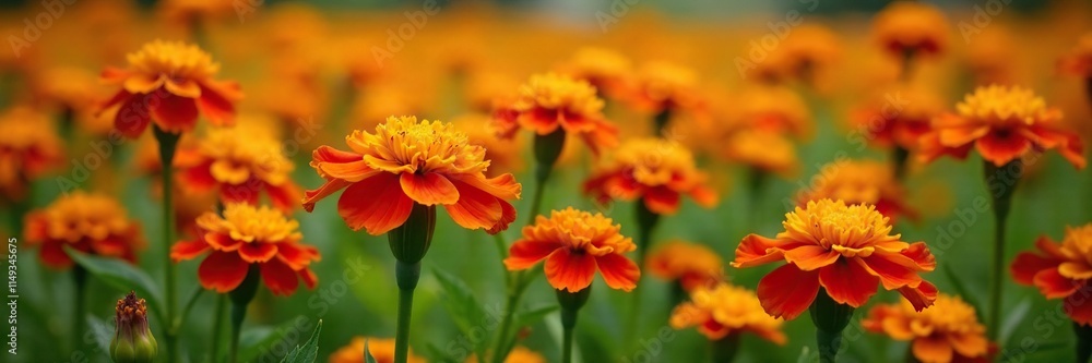 Field of vibrant marigold flowers with bright yellow pollen and crimson petals in full bloom, wildflower, garden, nature Field of vibrant marigold flowers with bright yellow pollen and crimson petals in full bloom, wildflower, garden, nature