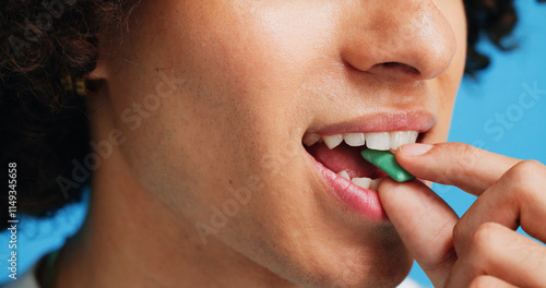 Obraz na plátně Chewing gum, dental and closeup of person in studio for fresh breath, oral hygiene or candy