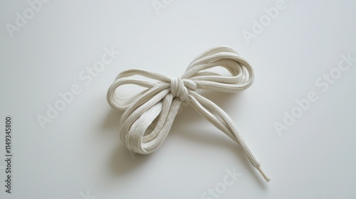 Tied shoe laces in a bow shape on a clean white surface.
