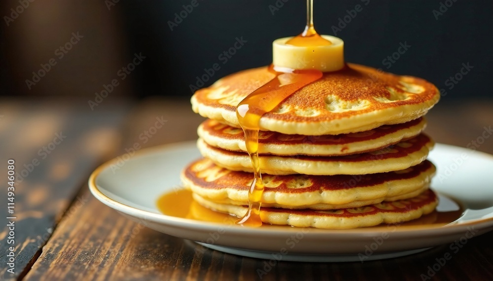 golden brown pancakes stacked high on a plate with a honey drizzle, golden brown, dessert, food golden brown pancakes stacked high on a plate with a honey drizzle, golden brown, dessert, food