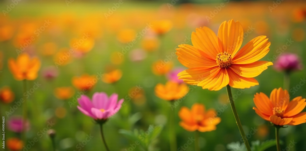 Orange cosmos flowers in a field with other wildflowers, bouquet, cosmos Orange cosmos flowers in a field with other wildflowers, bouquet, cosmos