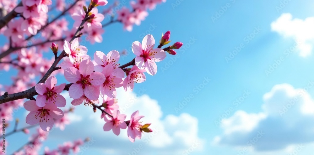 Pink sakura branch against a blue sky with clouds, cloud formations, serene atmosphere Pink sakura branch against a blue sky with clouds, cloud formations, serene atmosphere