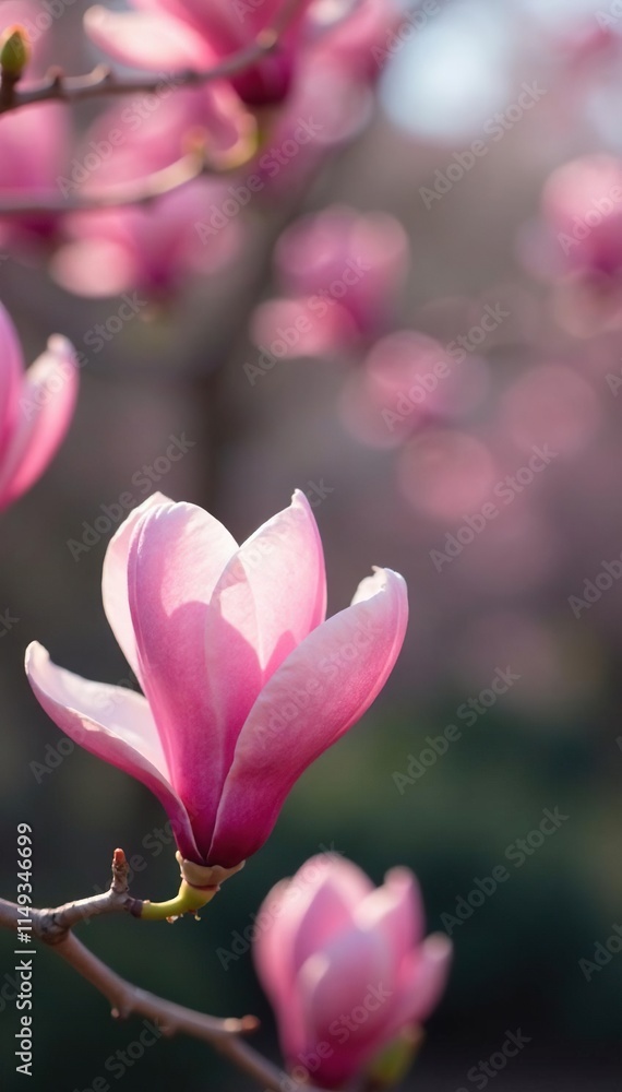 Fototapeta premium Pink magnolia flowers on a branch in the lower left corner, pink magnolias, early spring
