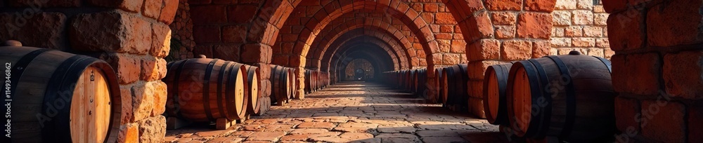 Richly colored wine barrels lining ancient stone walls, arches, rich Richly colored wine barrels lining ancient stone walls, arches, rich