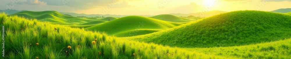 Fototapeta premium Rolling hills of swaying grasses in a warm sunlit meadow, nature landscape, lush green, gentle breeze