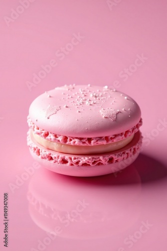 Shimmering pink macaron with a delicate, lacy pattern on a soft pink background, meringue based, French patisserie, dessert photo