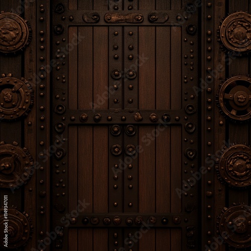 Ancient Wooden Door with Ornate Metal Accents and Gears