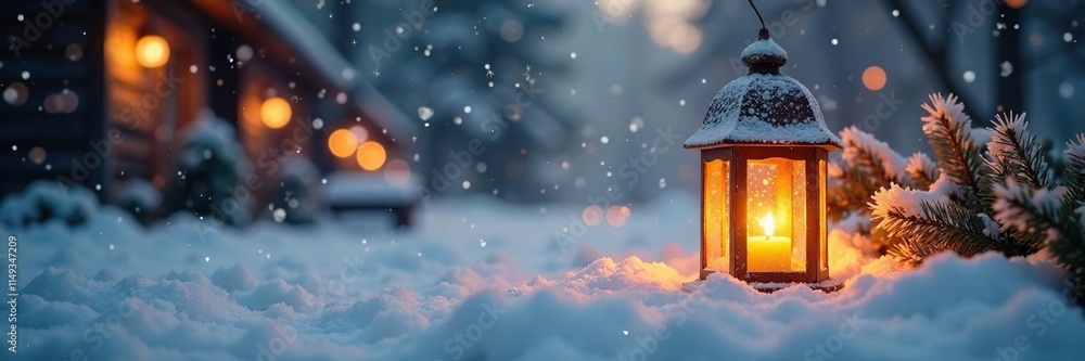 Snowflakes gently fall onto a blanket of white snow, glowing softly under the warm light of golden lanterns, snowflakes, wintry charm, cozy atmosphere Snowflakes gently fall onto a blanket of white snow, glowing softly under the warm light of golden lanterns, snowflakes, wintry charm, cozy atmosphere