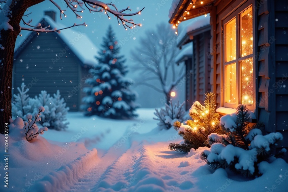 Fototapeta premium Snowy morning scene with frosty windowpane and festive lights, magical, peaceful