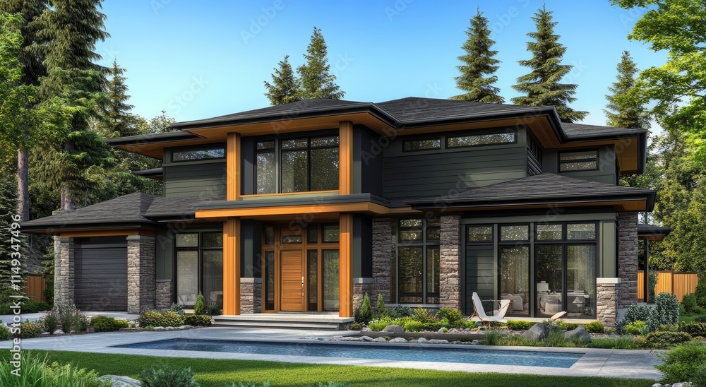 Modern two-story villa with a pool, featuring a contemporary style and exterior walls made of wood. Modern two-story villa with a pool, featuring a contemporary style and exterior walls made of wood.