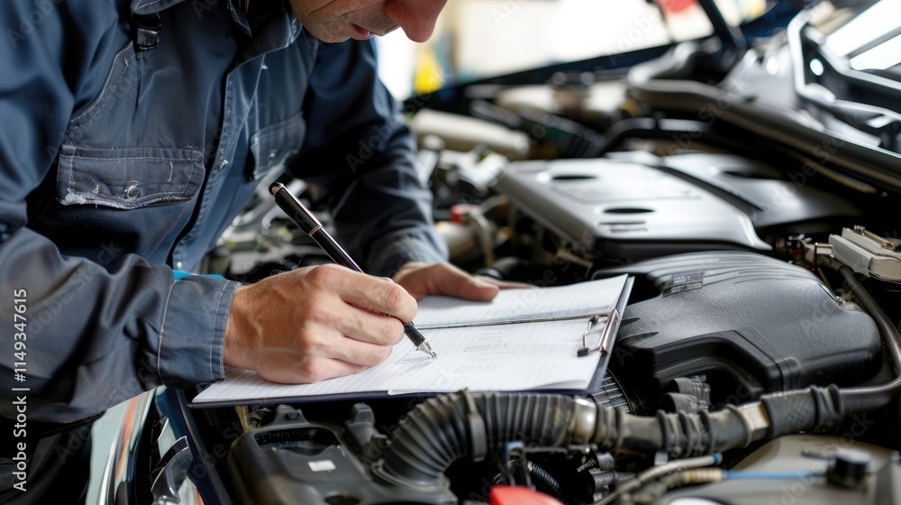 Mechanic Inspecting Car Engine and Writing Notes Mechanic Inspecting Car Engine and Writing Notes