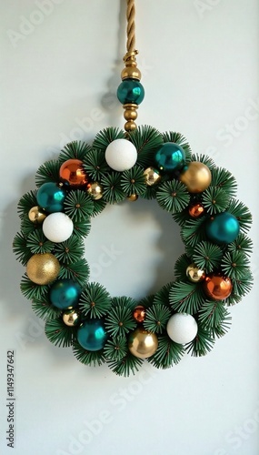 Teal and gold finial top on a decorated wooden Christmas wreath, ornamental elements, winter wreaths photo