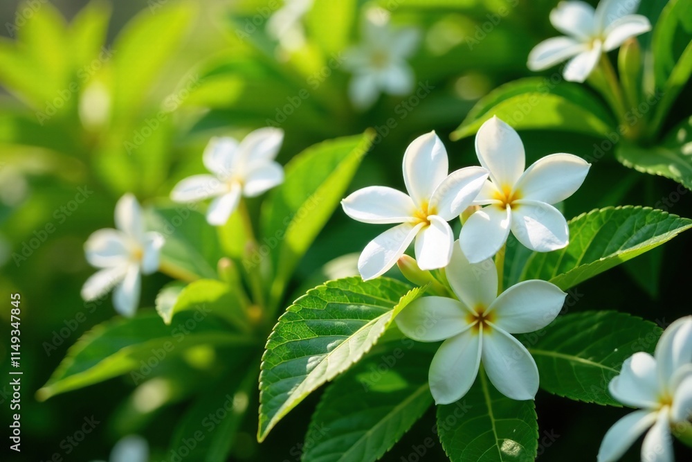 Vibrant jasmine flowers bloom in abundance on a lush green bush with sunny leaves, nature, sunny day, summer season Vibrant jasmine flowers bloom in abundance on a lush green bush with sunny leaves, nature, sunny day, summer season