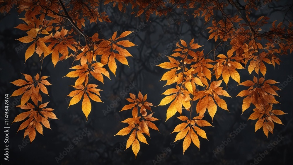 Vibrant orange and yellow leaves hanging from a branch on a dark night background, foliage, branch Vibrant orange and yellow leaves hanging from a branch on a dark night background, foliage, branch