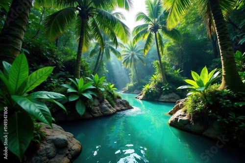 Turquoise water flowing through a dense jungle, fauna, tropical, jungle photo