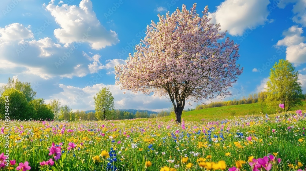 Spring season with colorful flowers and trees in a pretty meadow or field Spring season with colorful flowers and trees in a pretty meadow or field