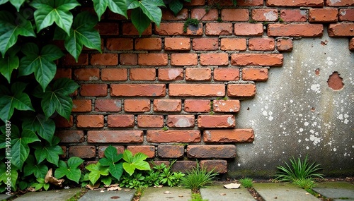 weathered brick wall with vines and moss growth, brick, stone photo