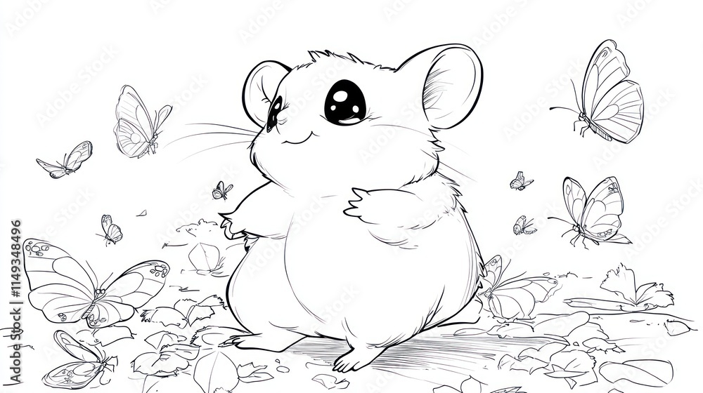 Fototapeta premium Fluffy Hamster Playfully Chasing Butterflies - Children's Coloring Book Page