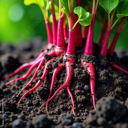 Colorful roots of Rubia tinctorum amidst soil and plants, plant life, dye plants photo