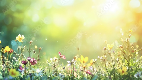 spring wild flowers in sunlight - abstract springtime background