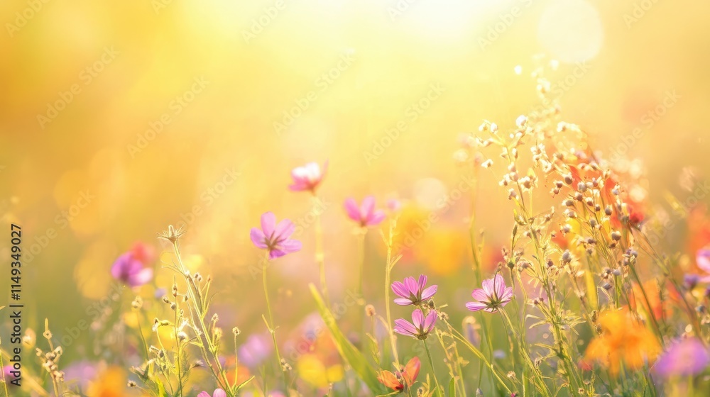 Fototapeta premium spring wild flowers in sunlight - abstract springtime background