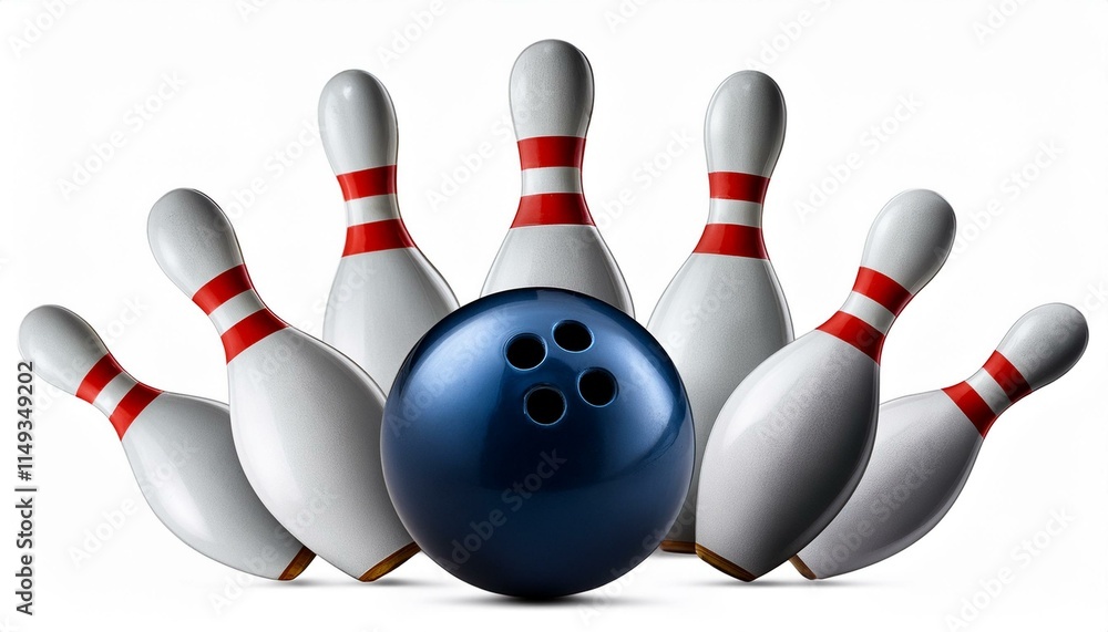 Bowling ball hitting pins - Striking down pins with a bowling ball isolated on white background Bowling ball hitting pins - Striking down pins with a bowling ball isolated on white background