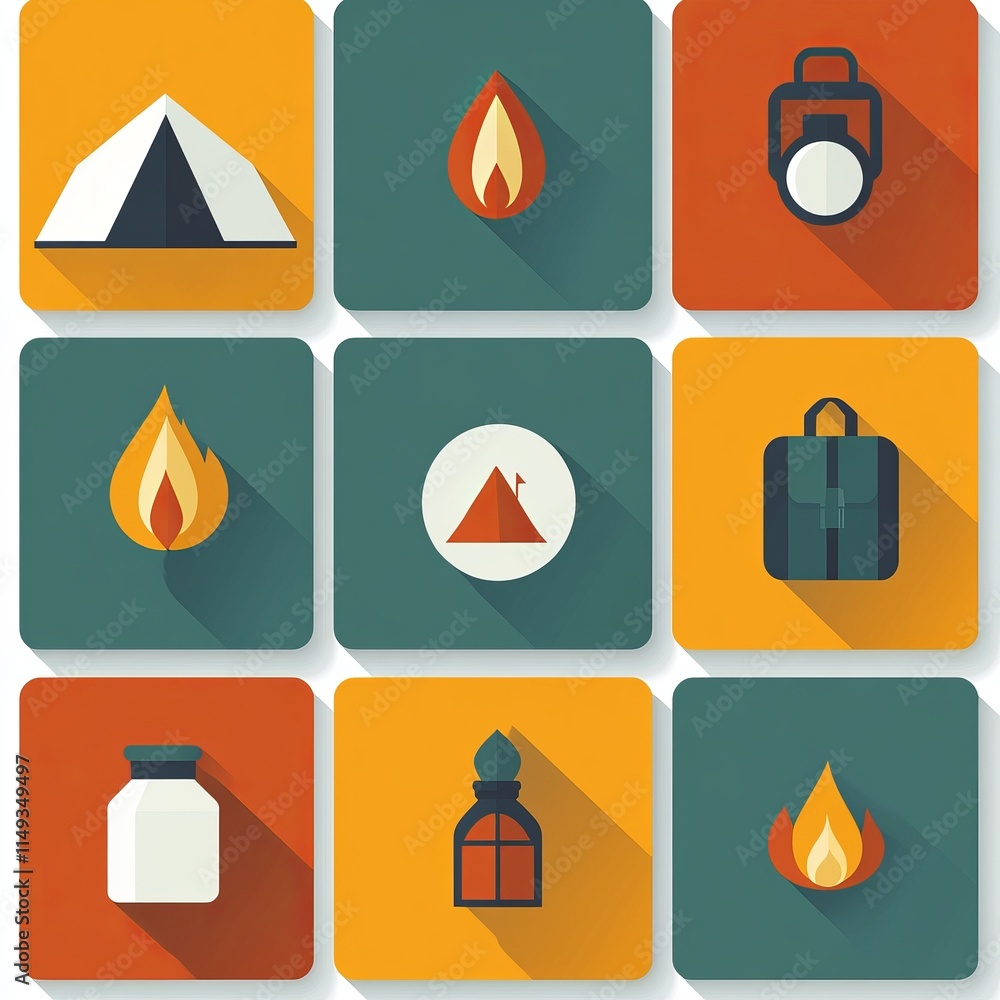 Camping Gear and Fire Icons Flat Design Set Camping Gear and Fire Icons Flat Design Set
