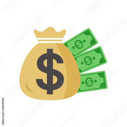 money bag stack dollars currency with bank notes cash isolate on white 