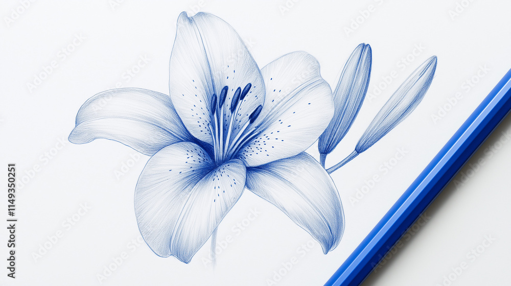 Fototapeta premium blue lily flower, blue lily on white background, flower drawing