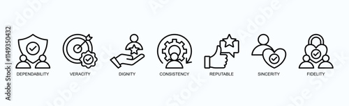 Core Values Of Integrity And Trust Icon Set Isolated Vector Illustration Concept With Icon Of Dependability, Veracity, Dignity, Consistency, Reputable, Sincerity, Fidelity In Outline Style