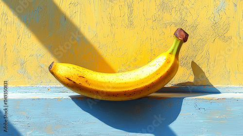 Single ripe banana leaning against a textured yellow and blue wall with dramatic lighting