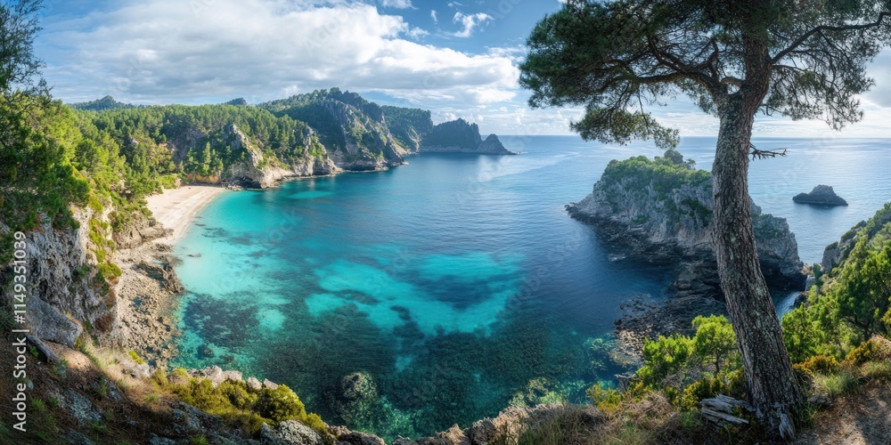 Fototapeta premium Secluded cove with turquoise water, sandy beach, and lush greenery.