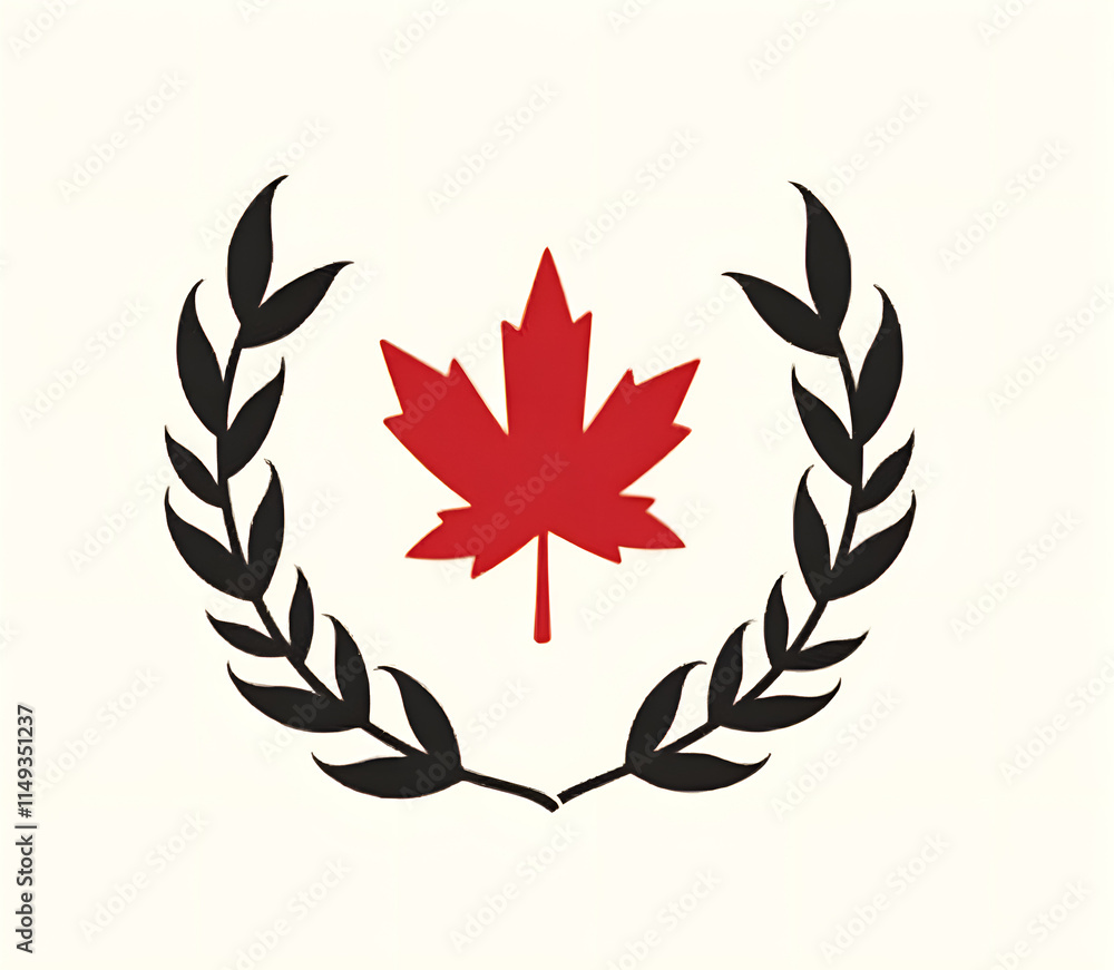 Stylized Canadian symbol featuring a red maple leaf surrounded by black laurel leaves
Stylized Canadian symbol featuring a red maple leaf surrounded by black laurel leaves
