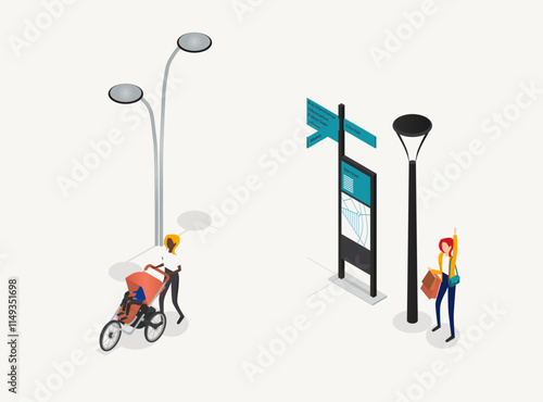 Axonometric urban light and bus stop vector block