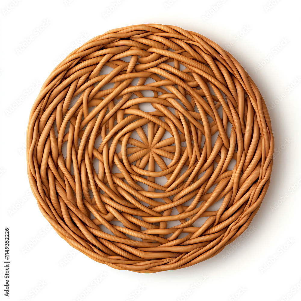 A beautifully woven circular wicker basket showcasing intricate craftsmanship. A beautifully woven circular wicker basket showcasing intricate craftsmanship.