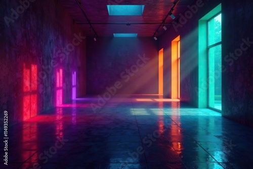 Dark environment with glowing spectrum rainbow light gradient and metallic reflective accents, rainbow, luminous, light gradient photo