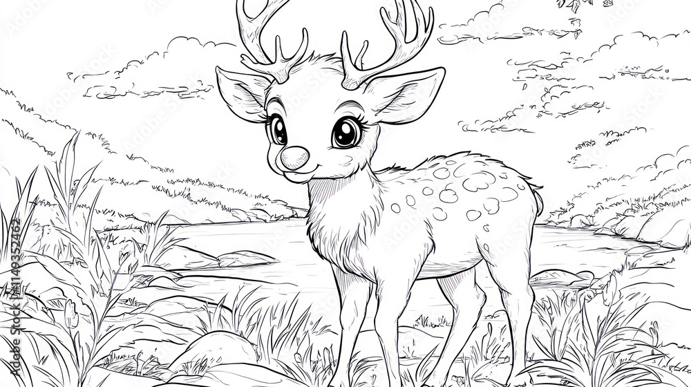 Cartoon Reindeer Playing in Meadow - Children's Coloring Book Page Cartoon Reindeer Playing in Meadow - Children's Coloring Book Page