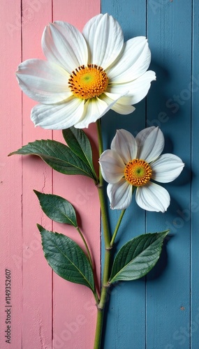 Ein Blumenbild mit minimalistischen Elementen und monochromen Farben auf einer Holzwand, holz, farben photo